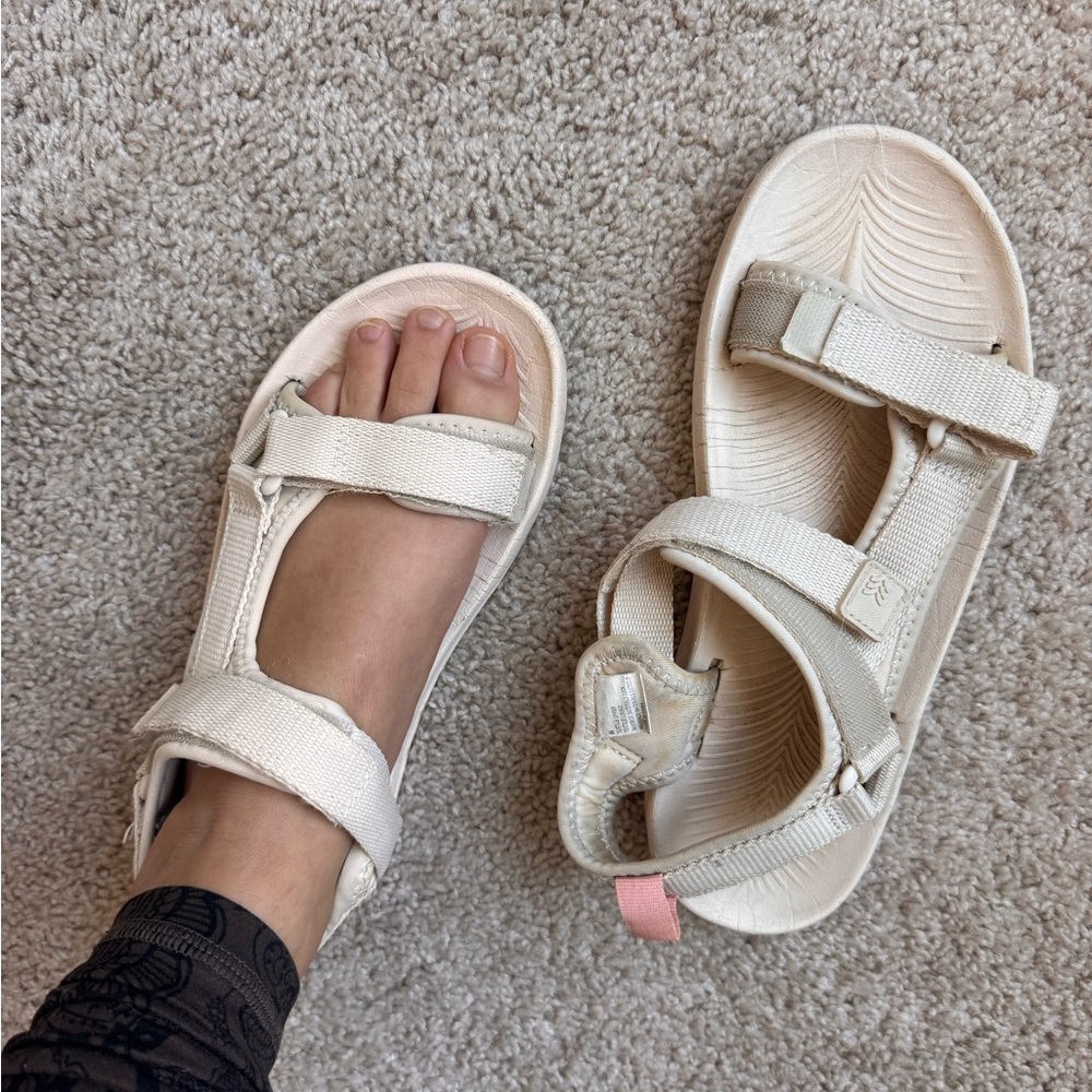 Joy Lab Beige Synthetic Strappy Sandals Hook & Loop Ankle Strap Women's Casual